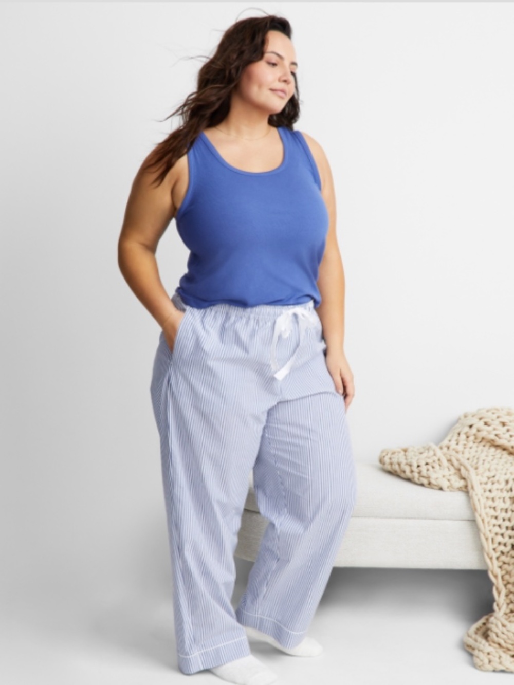 State of Day Women's Printed Poplin Pajama Pants Blue Stripe